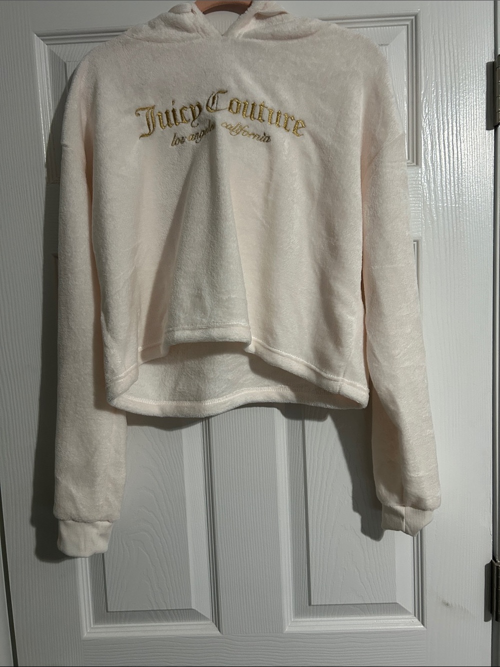 Juicy Couture Pale Cream Plush Logo Hoodie with Gold Embroidery